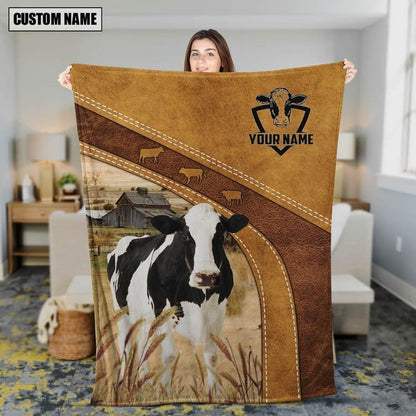 Personalized Holstein Cattle In Field Farmhouse Blanket, Gift for Dad Cow Lovers Fleece and Sherpa Blanket