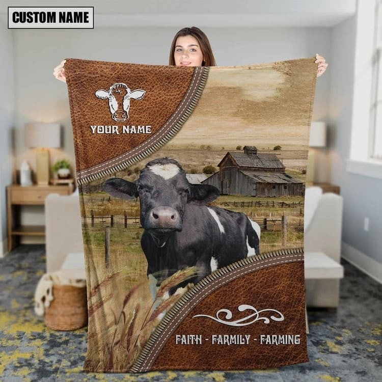 Personalized Holstein Cattle In Field Farmhouse Blanket, Gift for Dad Cow Lovers Fleece and Sherpa Blanket