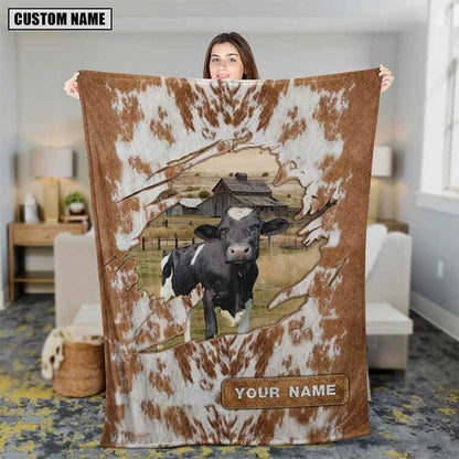 Personalized Holstein Cattle In Field Farmhouse Blanket, Gift for Dad Cow Lovers Fleece and Sherpa Blanket