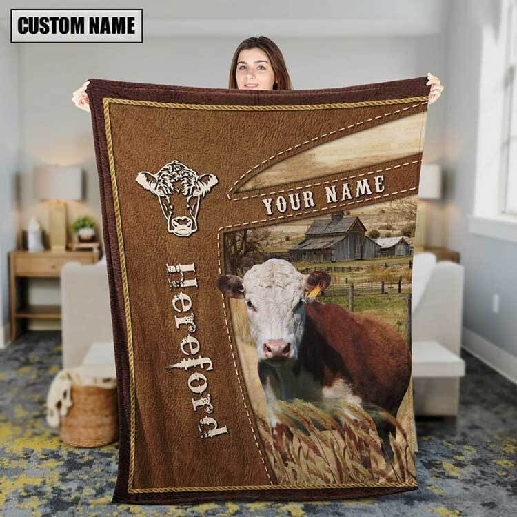 Hereford American Flag Throw Blanket for Farmers, Hereford Fleece Blanket for Dad, Sherpa Blanket for Husband