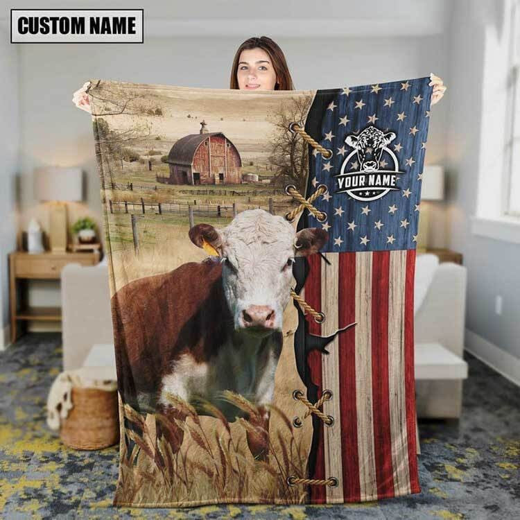 Hereford American Flag Throw Blanket for Farmers, Hereford Fleece Blanket for Dad, Sherpa Blanket for Husband