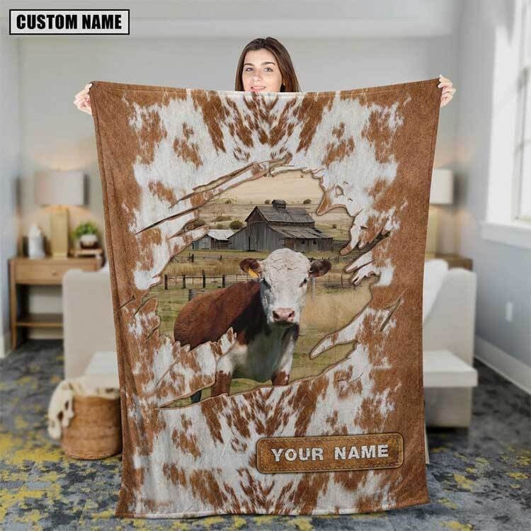 Custom Name Hereford Cow Hair Pattern Blanket, Hereford Fleece Blanket for Mom, Hereford Sherpa Blanket for Wife