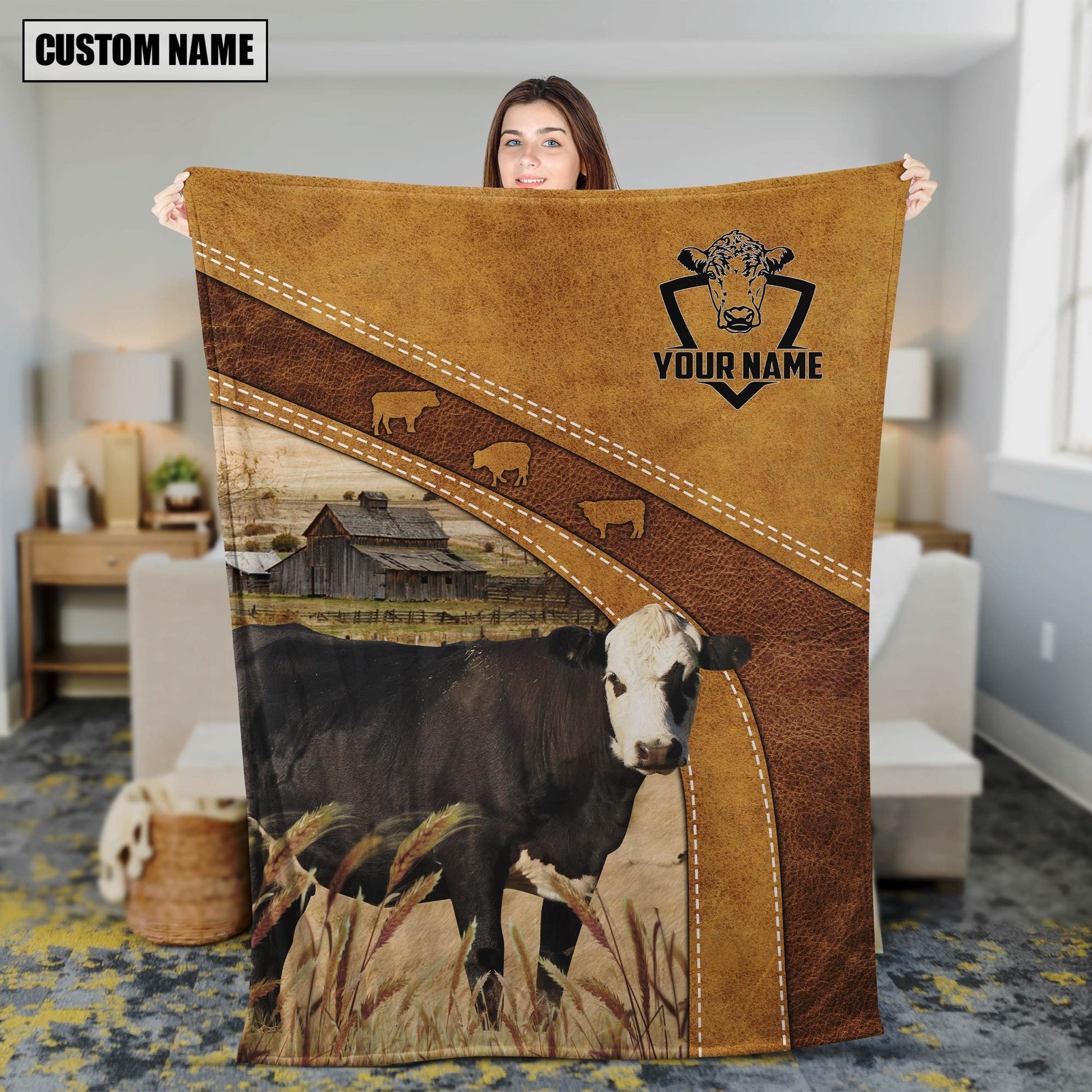 Custom Name Hereford Cow Hair Pattern Blanket, Hereford Fleece Blanket for Mom, Hereford Sherpa Blanket for Wife