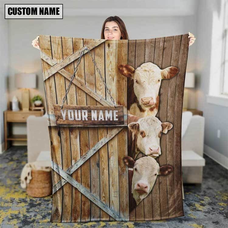 Custom Name Hereford Cow Hair Pattern Blanket, Hereford Fleece Blanket for Mom, Hereford Sherpa Blanket for Wife