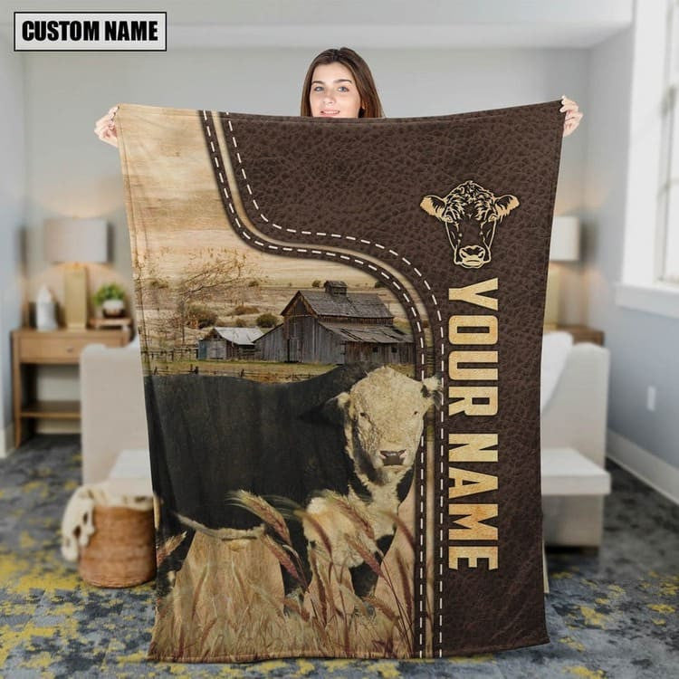 Funny Hereford Black Leather Pattern Blanket for Farmers, Hereford Fleece Blanket for Him, Her