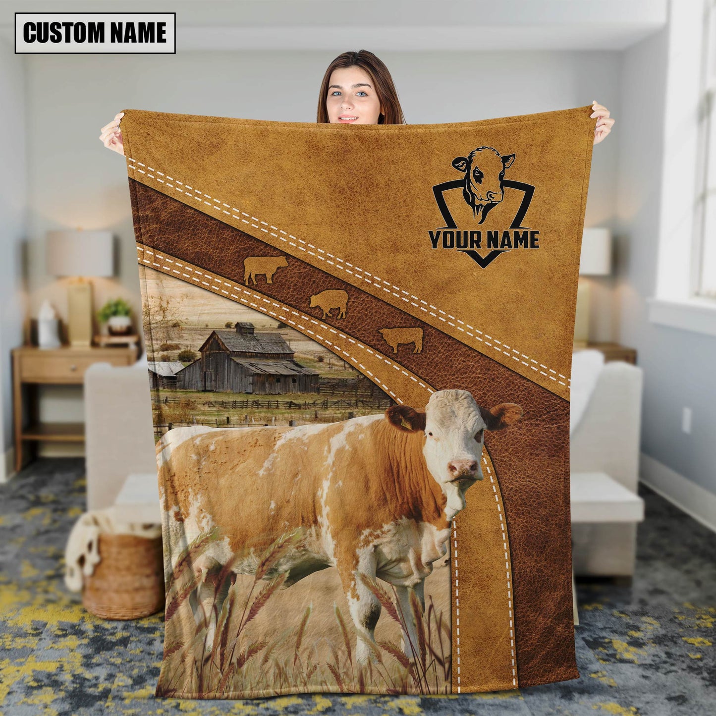 Dilypod Personalized Simmental Barn Vintage Farmhouse Blanket for Bedroom, Gift for Simmental Lovers