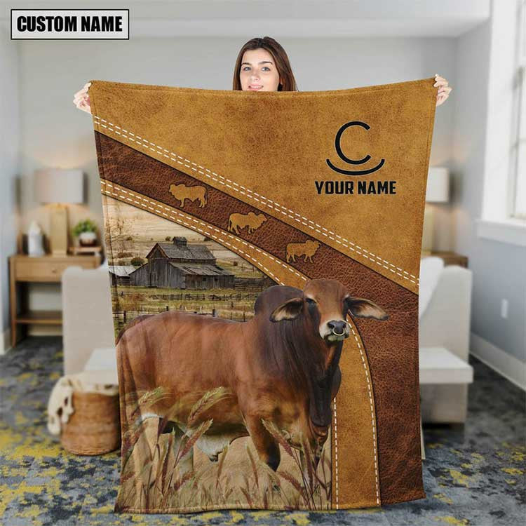 Personalized Red Brahman In Field Farmhouse Blanket for Farmers, Custom Name Red Brahman Throw Blanket