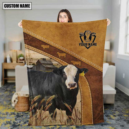 Customized Blaze Faced Simmental Leather Pattern Blanket for Dad, Blaze Faced Simmental Fleece Blanket for Cow Lovers