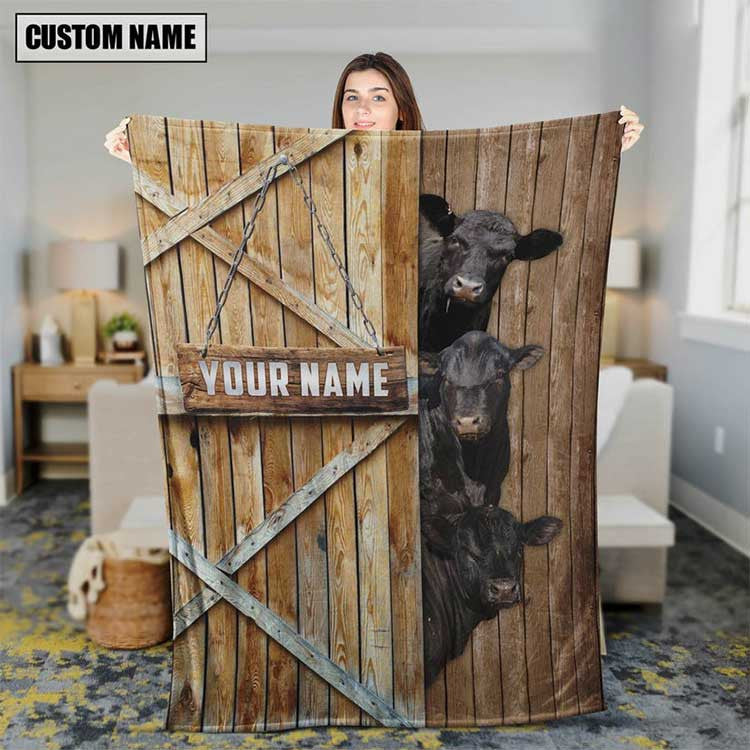 Customized Sim Angus Cow Leather Pattern Blanket for Dad, Mom, Cow Fleece Blanket for Husband, Wife, Cow Lovers