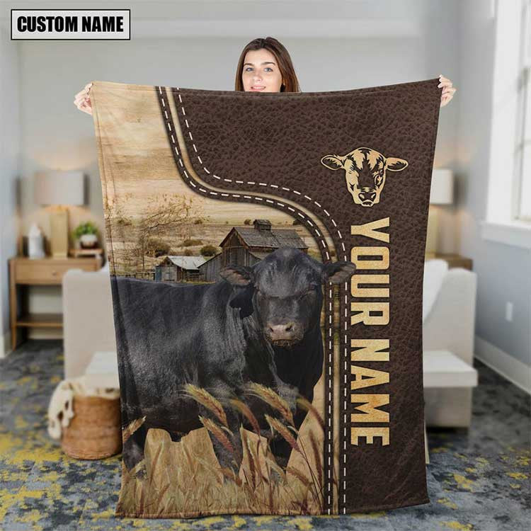 Customized Sim Angus Cow Leather Pattern Blanket for Dad, Mom, Cow Fleece Blanket for Husband, Wife, Cow Lovers