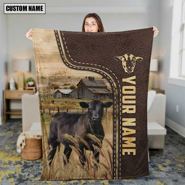 Customized Sim Angus Cow Leather Pattern Blanket for Dad, Mom, Cow Fleece Blanket for Husband, Wife, Cow Lovers