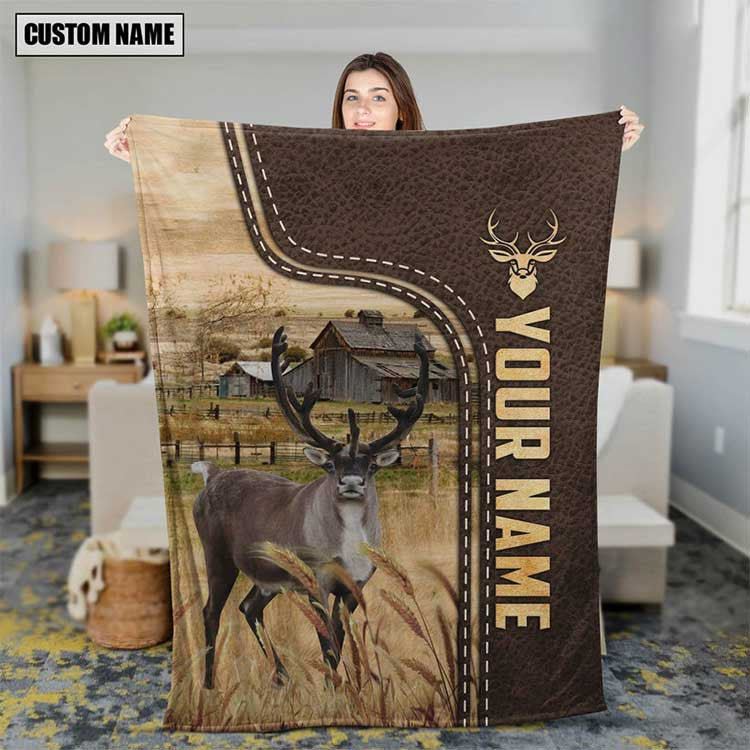 Customized Rain Deer Leather Pattern Blanket for Dad, Mom, Rain Deer Fleece Blanket for Husband, Wife, Deer Lovers