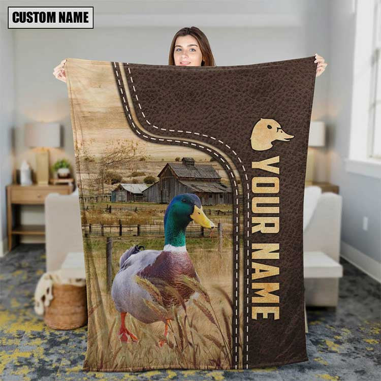 Customized Duck Leather Pattern Blanket for Men, Women, Duck Fleece Blanket for Husband, Wife, Duck Lovers