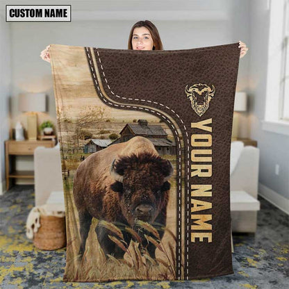 Customized Buffalo Leather Pattern Blanket for Men, Women, Buffalo Fleece Blanket for Husband, Wife, Buffalo Lovers