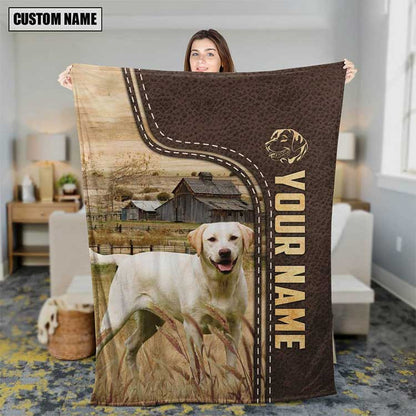 Customized Labrador Retriever Dog Leather Pattern Blanket for Men, Women, Dog Fleece Blanket for Dad, Mom, Farmers, Dog Lovers