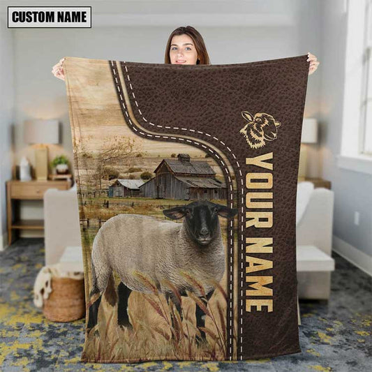 Customized Suffolk Sheep Leather Pattern Blanket for Men, Women, Sheep Fleece Blanket for Dad, Mom, Farmers, Sheep Lovers