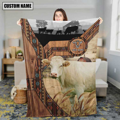 Customized Charolais No Horn Cow Leather Pattern Blanket for Men, Women, Cow Fleece Blanket for Dad, Mom, Farmers, Cow Lovers