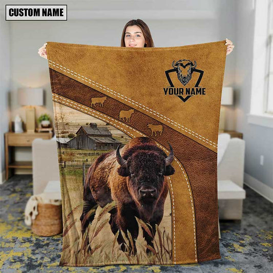 Customized Bison Brown Leather Pattern Blanket for Men, Women, Cow Fleece Blanket for Dad, Mom, Farmers, Cow Lovers