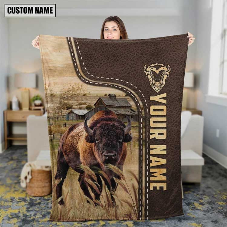 Customized Bison Brown Leather Pattern Blanket for Men, Women, Cow Fleece Blanket for Dad, Mom, Farmers, Cow Lovers