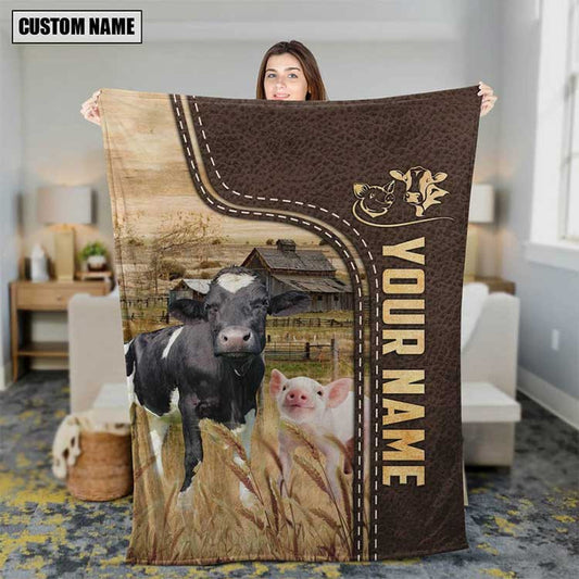 Customized Pig and Cows Leather Pattern Blanket for Men, Women, Pig and Cows Fleece Blanket for Dad, Farmers