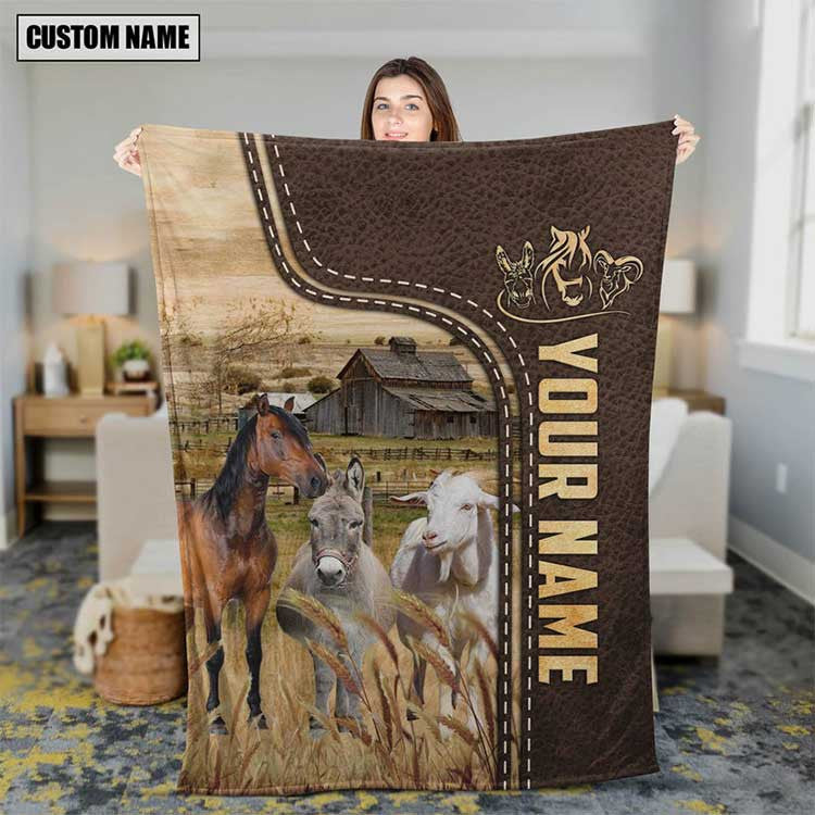 Customized Horse, Donkey and Goat Leather Pattern Blanket for Men, Women, Farm Animals Fleece Blanket for Dad, Farmers