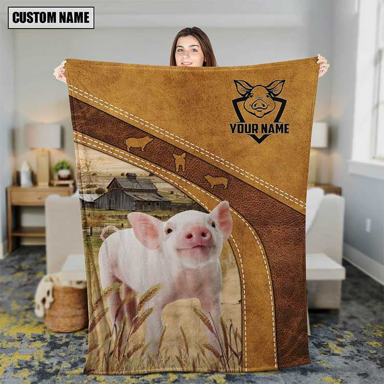 Customized Name Pig Brown Leather Background Farmhouse Fleece and Sherpa Blanket for Men, Women