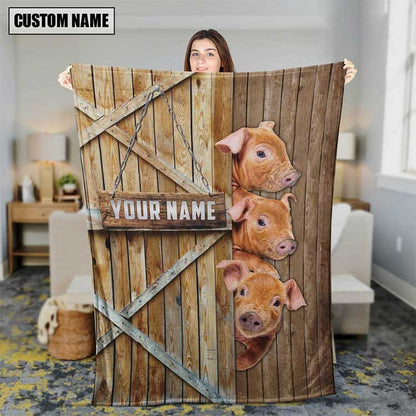 Customized Name Pig Brown Leather Background Farmhouse Fleece and Sherpa Blanket for Men, Women