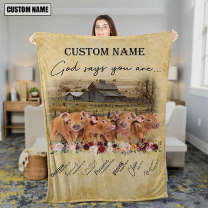 Customized Name Pig Brown Leather Background Farmhouse Fleece and Sherpa Blanket for Men, Women