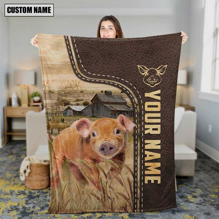 Customized Name Pig Brown Leather Background Farmhouse Fleece and Sherpa Blanket for Men, Women