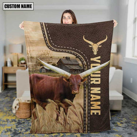 Customized Watusi Cow Leather Pattern Blanket for Men, Women, Cow Fleece Blanket for Dad, Farmers