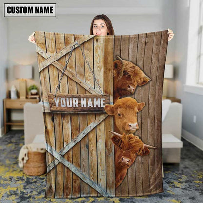 Customized Miniature Highland Cow Leather Pattern Blanket for Men, Women, Cow Fleece Blanket for Dad, Farmers