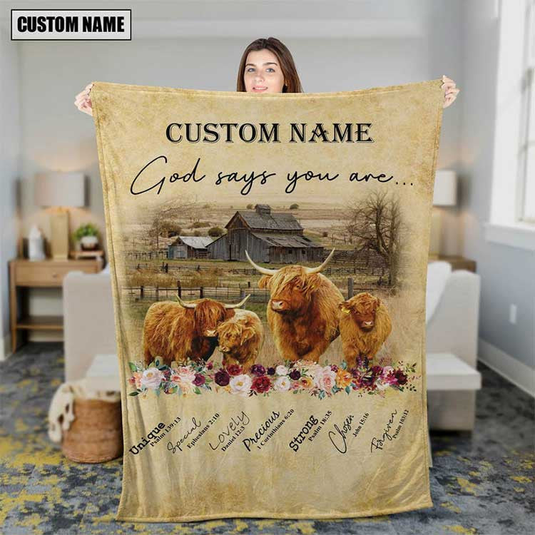 Customized Miniature Highland Cow Leather Pattern Blanket for Men, Women, Cow Fleece Blanket for Dad, Farmers