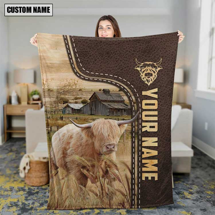 Customized Miniature Highland Cow Leather Pattern Blanket for Men, Women, Cow Fleece Blanket for Dad, Farmers