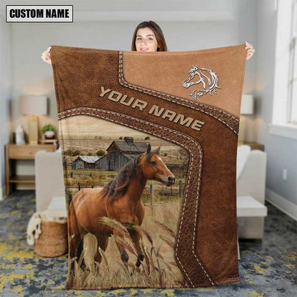 Personalized Horse Leather Pattern Blanket for Men, Women, Custom Name Horse Fleece Blanket, Gift for Dad, Farmers