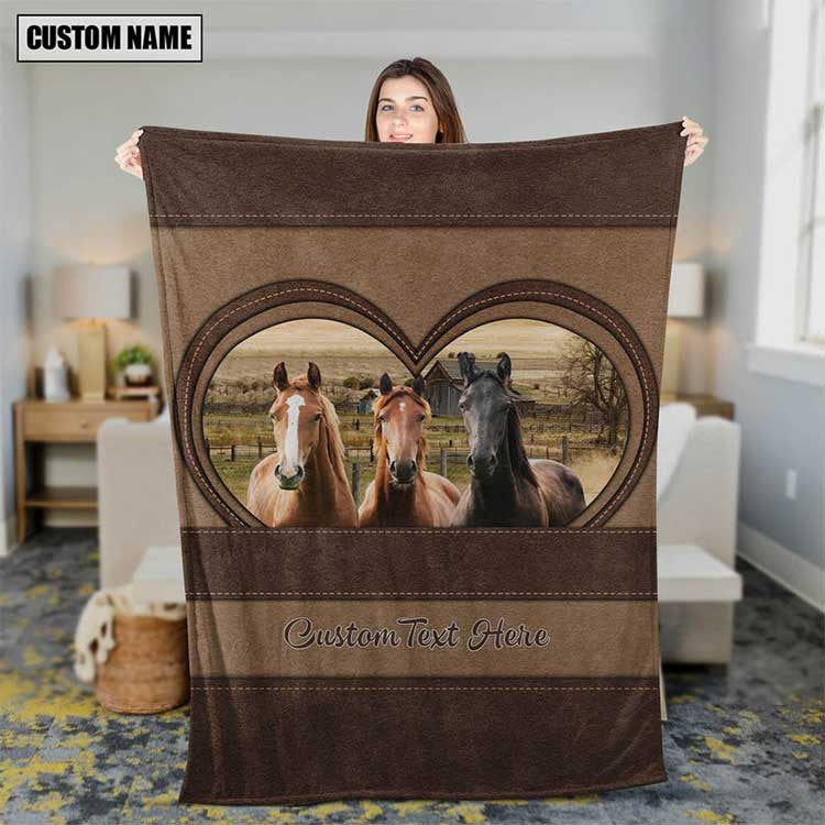 Personalized Horse Leather Pattern Blanket for Men, Women, Custom Name Horse Fleece Blanket, Gift for Dad, Farmers