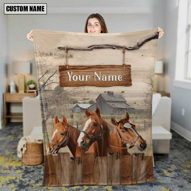 Personalized Horse Leather Pattern Blanket for Men, Women, Custom Name Horse Fleece Blanket, Gift for Dad, Farmers