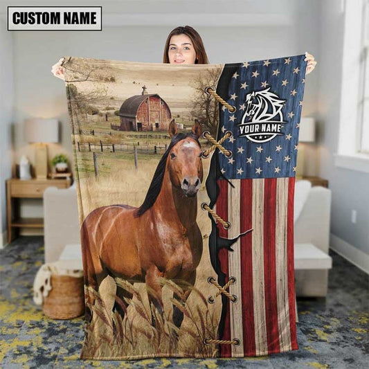 Personalized Name Horse US Flag Vintage Blanket for Horse Lovers, Farmers Horse Fleece Blanket