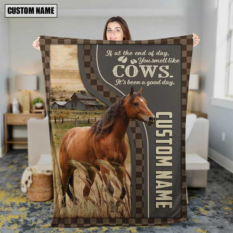 Personalized Horse Leather Pattern Blanket for Men, Women, Custom Name Horse Fleece Blanket, Gift for Dad, Farmers