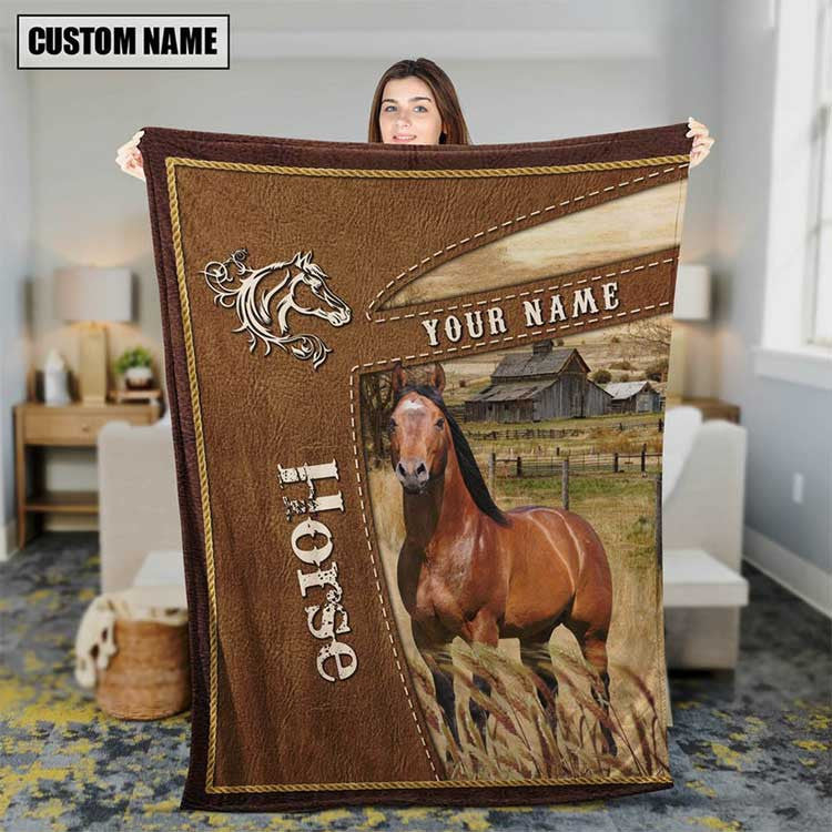 Personalized Horse Leather Pattern Blanket for Men, Women, Custom Name Horse Fleece Blanket, Gift for Dad, Farmers