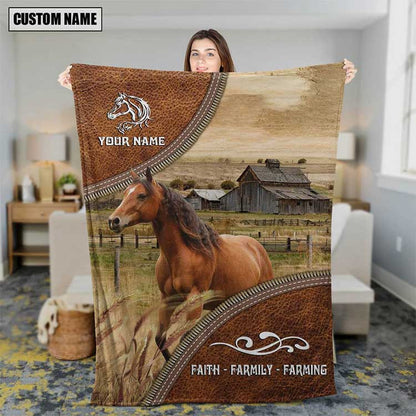 Personalized Horse Leather Pattern Blanket for Men, Women, Custom Name Horse Fleece Blanket, Gift for Dad, Farmers