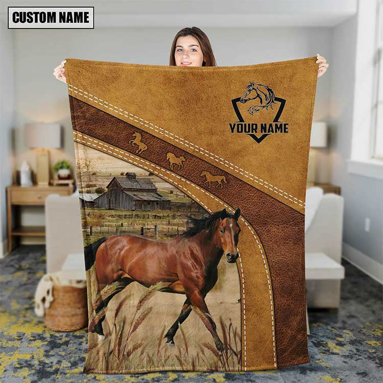 Personalized Horse Leather Pattern Blanket for Men, Women, Custom Name Horse Fleece Blanket, Gift for Dad, Farmers