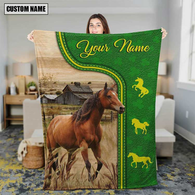 Personalized Horse Leather Pattern Blanket for Men, Women, Custom Name Horse Fleece Blanket, Gift for Dad, Farmers