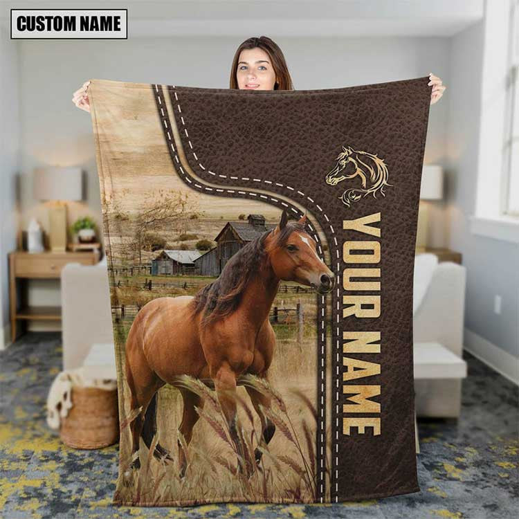 Personalized Horse Leather Pattern Blanket for Men, Women, Custom Name Horse Fleece Blanket, Gift for Dad, Farmers