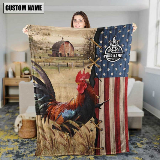 American Flag Personalized Chicken Farmhouse Blanket for Bedroom, Gift for Dad, Husband Rooster Sherpa Blanket