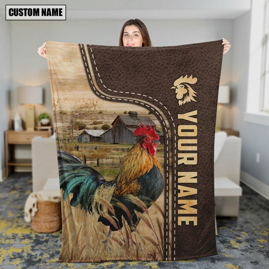 American Flag Personalized Chicken Farmhouse Blanket for Bedroom, Gift for Dad, Husband Rooster Sherpa Blanket