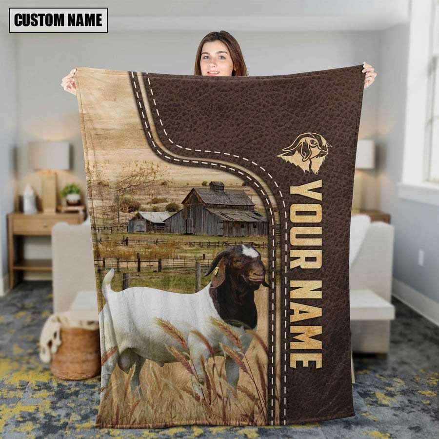 Personalized Name Goat Us Flag Vintage Blanket, Gift for Dad Goat Farmhouse Blanket Fleece Sherpa