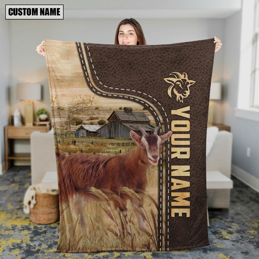 Personalized Name Goat Us Flag Vintage Blanket, Gift for Dad Goat Farmhouse Blanket Fleece Sherpa