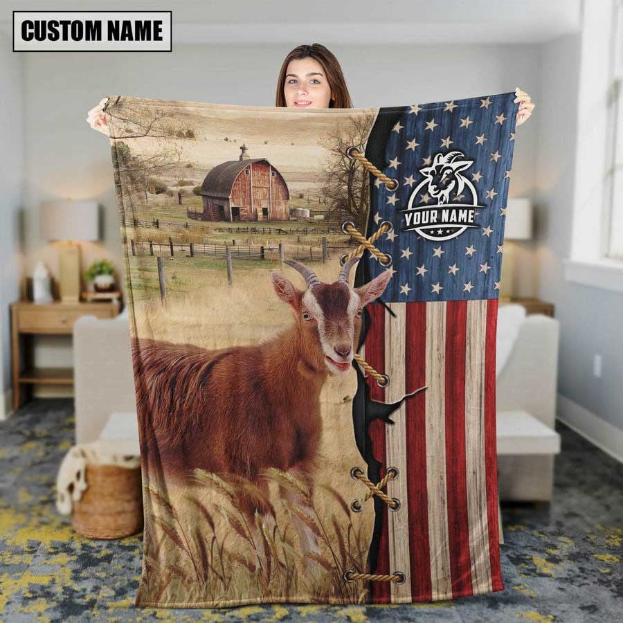 Personalized Name Goat Us Flag Vintage Blanket, Gift for Dad Goat Farmhouse Blanket Fleece Sherpa