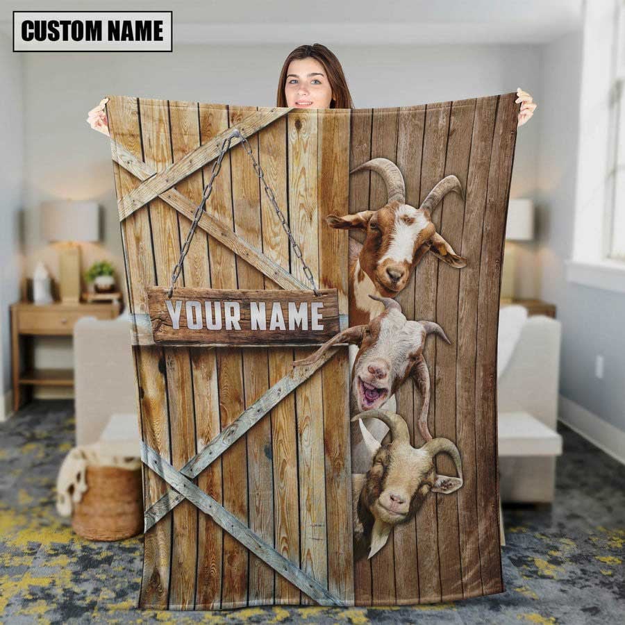 Personalized Name Goat Us Flag Vintage Blanket, Gift for Dad Goat Farmhouse Blanket Fleece Sherpa