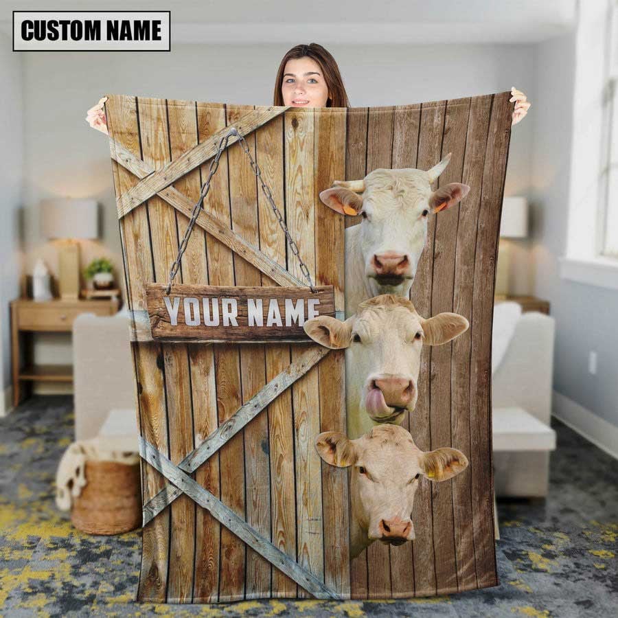 Personalized Charolais Cattle In Field Farmhouse Blanket, Farmhouse Fleece Blanket for Charolais Cattle Lovers